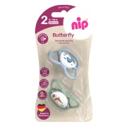 Set 2 suzete nip Butterfly cu tetina ortodontica din silicon, forma simetrica, fara BPA, cu inel pentru prindere usoara, 5-18 luni, nip Butterfly 31051
