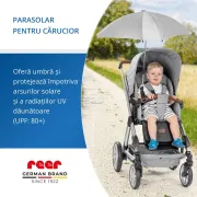 Umbrela parasolar carucior copii, protectie UV 80+, forma patrata 80 cm, reglabila 180&deg;, prindere universala anti-alunecare, gri melange, Reer ShineSafe 84271