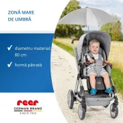 Umbrela parasolar carucior copii, protectie UV 80+, forma patrata 80 cm, reglabila 180&deg;, prindere universala anti-alunecare, gri melange, Reer ShineSafe 84271