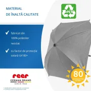 Umbrela parasolar carucior copii, protectie UV 80+, forma patrata 80 cm, reglabila 180&deg;, prindere universala anti-alunecare, gri melange, Reer ShineSafe 84271