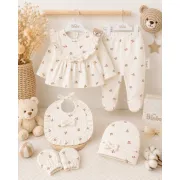 Compleu nou nascut fetite cu bluzita, pantaloni, caciulita, manusi si bavetica, bej floral, bimbo, 0-3 luni, hsn304sbs-1