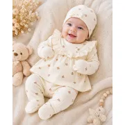Compleu nou nascut fetite cu bluzita, pantaloni, caciulita, manusi si bavetica, bej floral, bimbo, 0-3 luni, hsn304sbs-1
