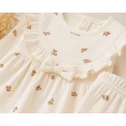 Compleu nou nascut fetite cu bluzita, pantaloni, caciulita, manusi si bavetica, bej floral, bimbo, 0-3 luni, hsn304sbs-1