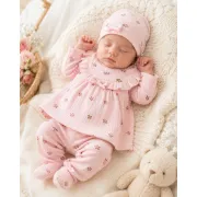 Compleu nou nascut fetite cu bluzita, pantaloni, caciulita, manusi si bavetica, roz floral, bimbo, 0-3 luni, hsn304sbs