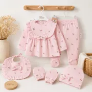 Compleu nou nascut fetite cu bluzita, pantaloni, caciulita, manusi si bavetica, roz floral, bimbo, 0-3 luni, hsn304sbs