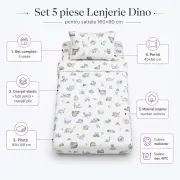 Set 5 piese Lenjerie Dino saltele 160x80 compatibile cu pat 2-12 ani + Pilota + Perna - ASC6427968021160