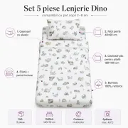 Set 5 piese Lenjerie Dino saltele 140x70 compatibile cu pat 2-8 ani + Pilota + Perna - ASC6427968021177
