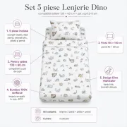 Set 5 piese Lenjerie Dino saltele 130x60 compatibile cu pat 2-6 ani + Pilota + Perna - ASC6427968021184