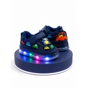 Pantofi sport cu lumini led, model masinute, piele ecologica si textil, baieti, bleumarin adt-51-1