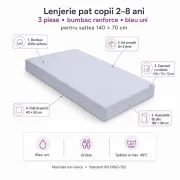 Lenjerie 3 piese pat copii 2-8 ani bumbac ranforce Bleu Uni pentru saltele 140x70 cm - ASC6427968021030