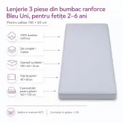 Lenjerie 3 piese bumbac ranfoce Bleu Uni  paturi fetite 2-6 ani pentru saltele 130x60 cm - ASC6427968021047