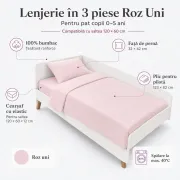 Lenjerie in 3 piese Roz Uni pentru pat copii 0-5 ani compatibila cu saltea 120x60 cm - ASC6427968022082