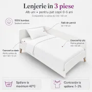 Lenjerie in 3 piese Alb Uni pentru pat copii 0-5 ani compatibila cu saltea 120x60 cm - ASC6427968022099