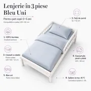 Lenjerie in 3 piese Bleu Uni pentru pat copii 0-5 ani compatibila cu saltea 120x60 cm - ASC6427968022105