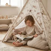 Cort Tipi Pentru Copii Babysteps Boho, 160cm, Bumbac Natural Cu Frunze Botanice, Cu Saltea Groasa Si 4 Perne Decorative Pjb487173