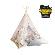 Cort Tipi Pentru Copii Babysteps Happy Bear, 160cm, Bumbac Natural, Cu Saltea Groasa Si 4 Perne Decorative Pjb86152