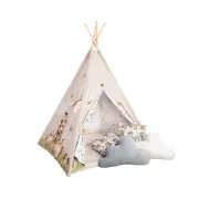Cort Tipi Pentru Copii Babysteps Happy Bear, 160cm, Bumbac Natural, Cu Saltea Groasa Si 4 Perne Decorative Pjb86152