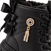Bocanci negri de fetițe, cu fundițe și accesoriu tip bijuterie, model amelie, negru ad26