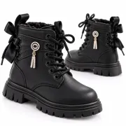 Bocanci negri de fetițe, cu fundițe și accesoriu tip bijuterie, model amelie, negru ad26