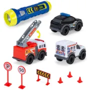Set Dickie Toys Micro SOS Playset cu 3 masinute si 7 accesorii HUBS203714024