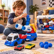 Camion de acțiune Globo, aprox. 50 cm, cu lansator, 6 proiectile moi, 2 mașinuțe, lumini, sunete și funcție de fricțiune SOLGL43298