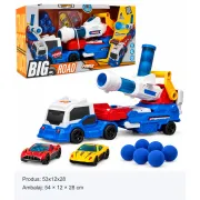 Camion de acțiune Globo, aprox. 50 cm, cu lansator, 6 proiectile moi, 2 mașinuțe, lumini, sunete și funcție de fricțiune SOLGL43298