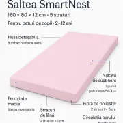 Saltea SmartNest 160x80x12 cm in 5 straturi pentru paturi copii 2-12 ani, husa bumbac ranforce roz uni - ASC6427968021962