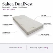 Saltea DualNest adulti in 4 straturi cu spuma HR, Memory cu arctic gel si Lana, husa Jacquard 160X100X15 Cm - ASC6427968155339