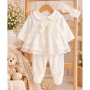 Costumas bebelusi fete 3 piese alb cu dantela si fundite, bumbac 100% sbshsn685