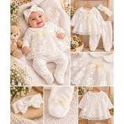 Costumas bebelusi fete 3 piese alb cu dantela si fundite, bumbac 100% sbshsn685