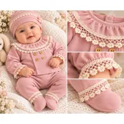 Costumas bebelusi fete 5 piese roz pudra cu dantela, bumbac 100% superbebe shop yby17sbs