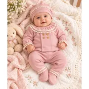 Costumas bebelusi fete 5 piese roz pudra cu dantela, bumbac 100% superbebe shop yby17sbs