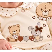 Costumas bumbac bebelusi 3 piese crem cu buline si imprimeu ursulet si iepure set complet cu bluza maneca lunga, pantaloni si caciulita sbshsn577