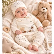 Costumas bumbac bebelusi 3 piese crem cu buline si imprimeu ursulet si iepure set complet cu bluza maneca lunga, pantaloni si caciulita sbshsn577