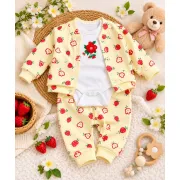 Costumas bumbac bebelusi 3 piese galben cu imprimeu fructe, bluza maneca lunga cu capse, pantaloni si caciulita superbebe shop vhhsn745
