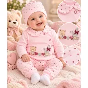 Costumas bumbac bebelusi 3 piese roz cu buline si imprimeu ursulet si iepure set complet cu bluza maneca lunga, pantaloni si caciulita sbshsn577