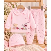 Costumas bumbac bebelusi 3 piese roz cu buline si imprimeu ursulet si iepure set complet cu bluza maneca lunga, pantaloni si caciulita sbshsn577