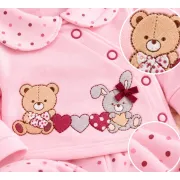 Costumas bumbac bebelusi 3 piese roz cu buline si imprimeu ursulet si iepure set complet cu bluza maneca lunga, pantaloni si caciulita sbshsn577