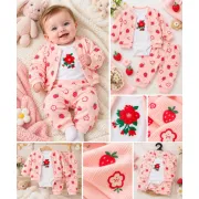 Costumas bumbac bebelusi 3 piese roz cu imprimeu fructe, bluza maneca lunga cu capse, pantaloni si caciulita superbebe shop (2) vhhsn745