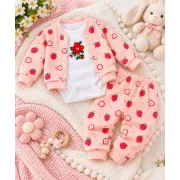 Costumas bumbac bebelusi 3 piese roz cu imprimeu fructe, bluza maneca lunga cu capse, pantaloni si caciulita superbebe shop (2) vhhsn745