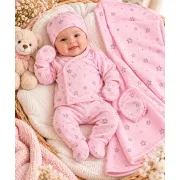 Costumas bumbac fete 5 piese roz cu imprimeu stelute set complet bebelusi maneca lunga si caciulita sbshsn677