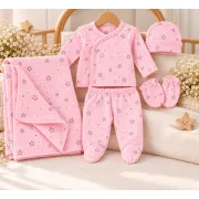 Costumas bumbac fete 5 piese roz cu imprimeu stelute set complet bebelusi maneca lunga si caciulita sbshsn677