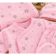 Costumas bumbac fete 5 piese roz cu imprimeu stelute set complet bebelusi maneca lunga si caciulita sbshsn677