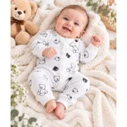 Salopetă bebe albă cu ursuleți, m&acirc;necă lungă, &icirc;nchidere cu capse, 0-3 luni hsn557sbs