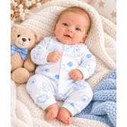 Salopetă bebe albă cu ursuleți bleu, m&acirc;necă lungă, &icirc;nchidere cu capse, 0-3 luni hsn557sbs-1