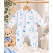Salopetă bebe albă cu ursuleți bleu, m&acirc;necă lungă, &icirc;nchidere cu capse, 0-3 luni hsn557sbs-1