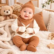 Set nou-născut băiețel 5 piese, maro și crem, bluză cu vestă, pantaloni cu botoșei, căciuliță, bavetă și mănuși yby21sbs