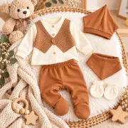 Set nou-născut băiețel 5 piese, maro și crem, bluză cu vestă, pantaloni cu botoșei, căciuliță, bavetă și mănuși yby21sbs