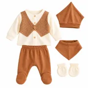 Set nou-născut băiețel 5 piese, maro și crem, bluză cu vestă, pantaloni cu botoșei, căciuliță, bavetă și mănuși yby21sbs