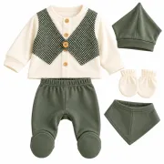 Set nou-născut băiețel 5 piese, verde kaki și crem, bluză cu vestă, pantaloni cu botoșei, căciuliță, bavetă și mănuși yby21sbs-1